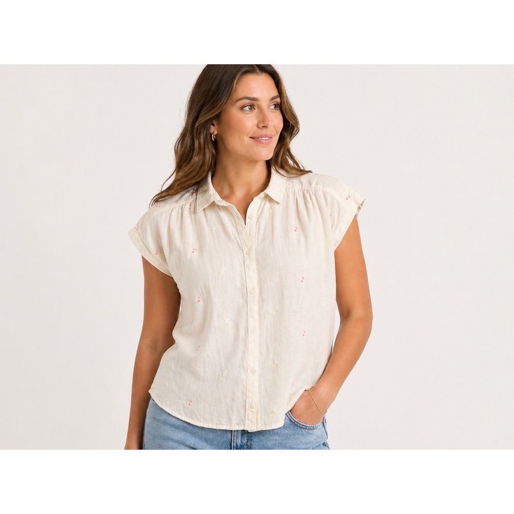 Lucky Brand Womens White Neon Embroidered Floral Button Down Shirt Size‎ Large